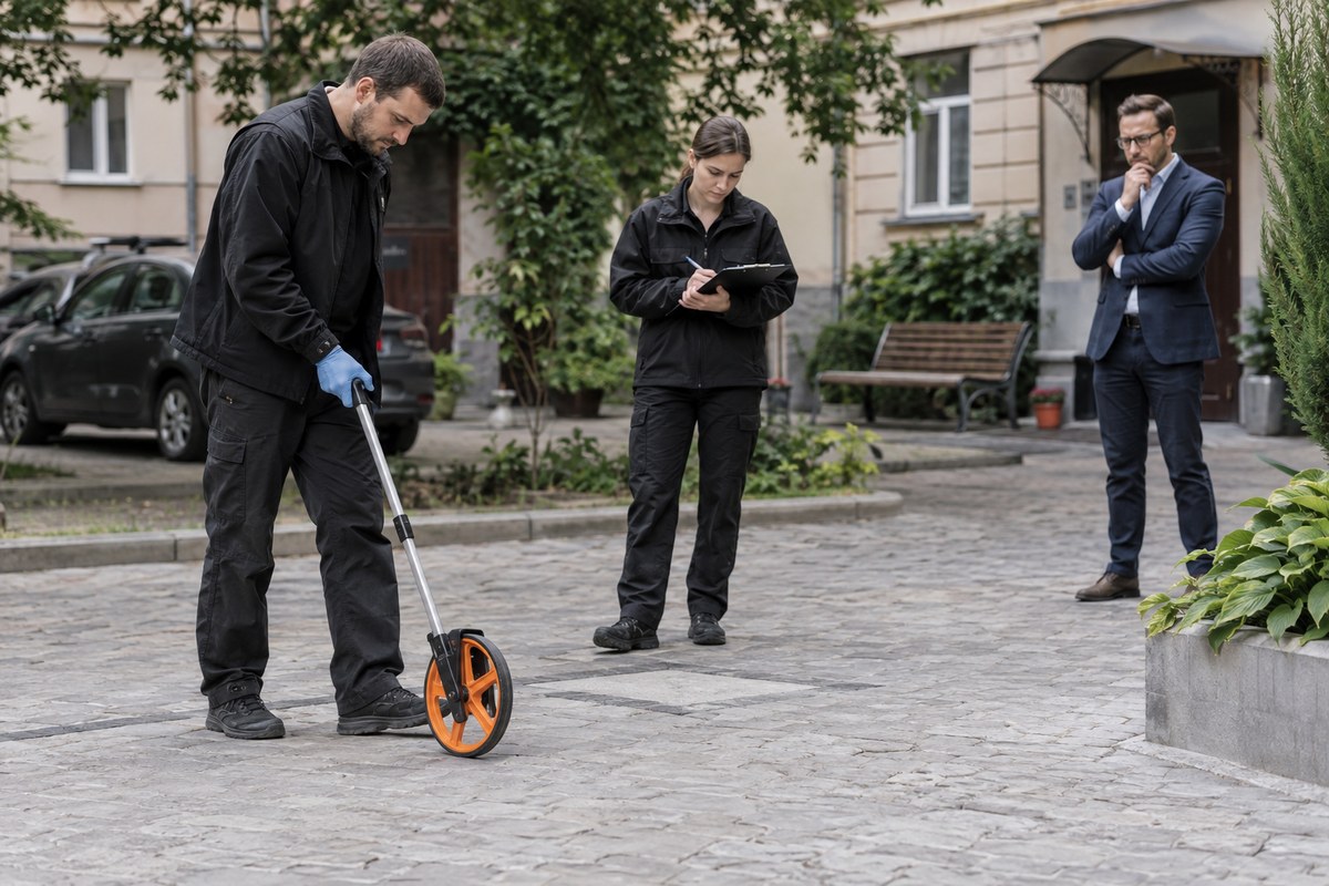 Участники следственного эксперимента проверяют расстояние на месте события